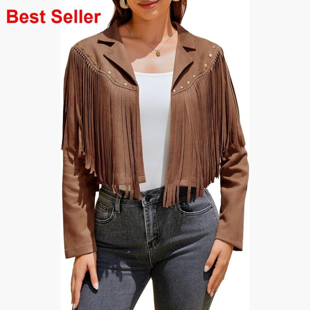 Faux Suede Leather Fringe Jacket with Rivets Cropped Western Style